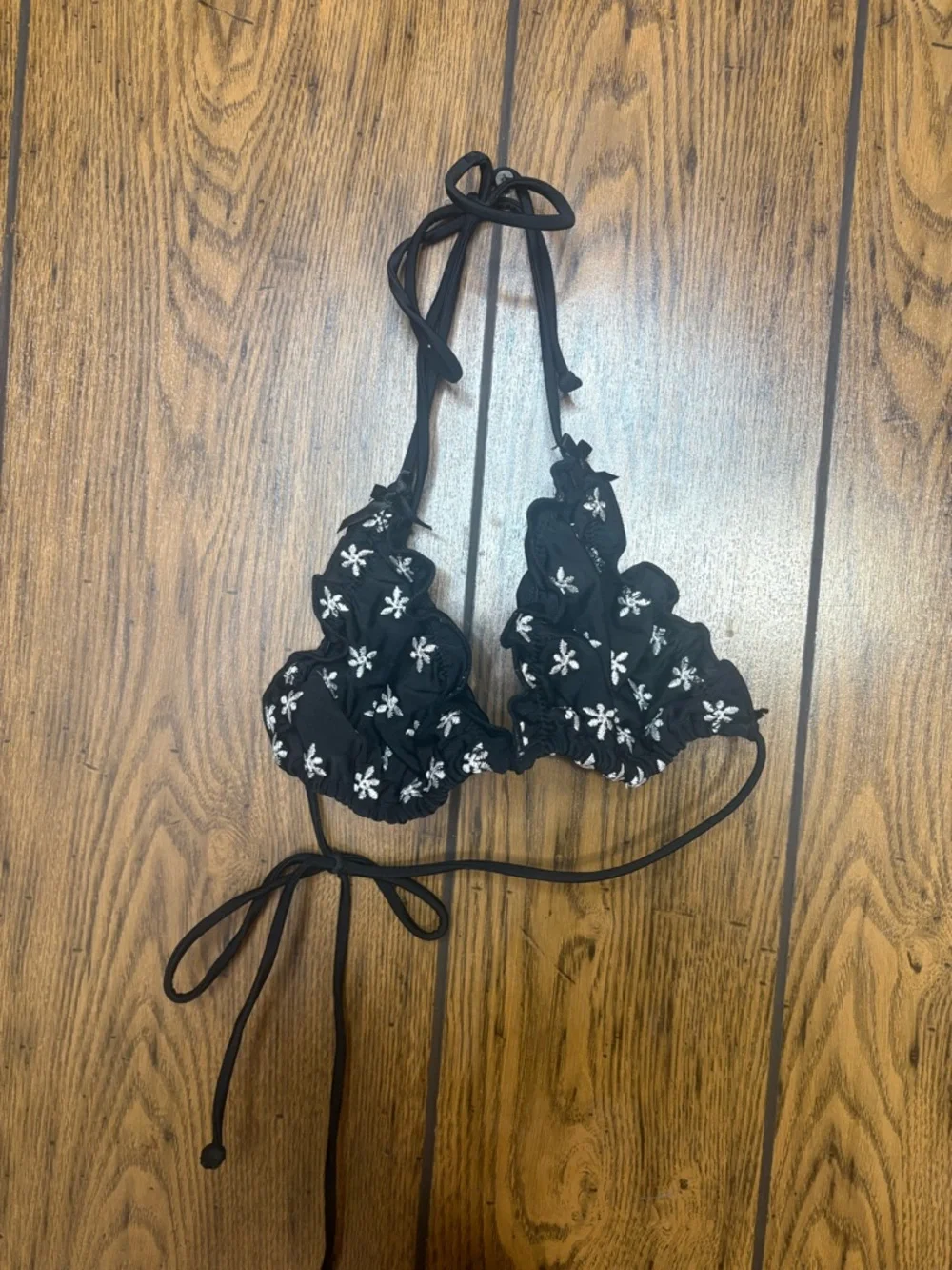 White Fox Boutique Black Bikini Top with White Floral Embroidery